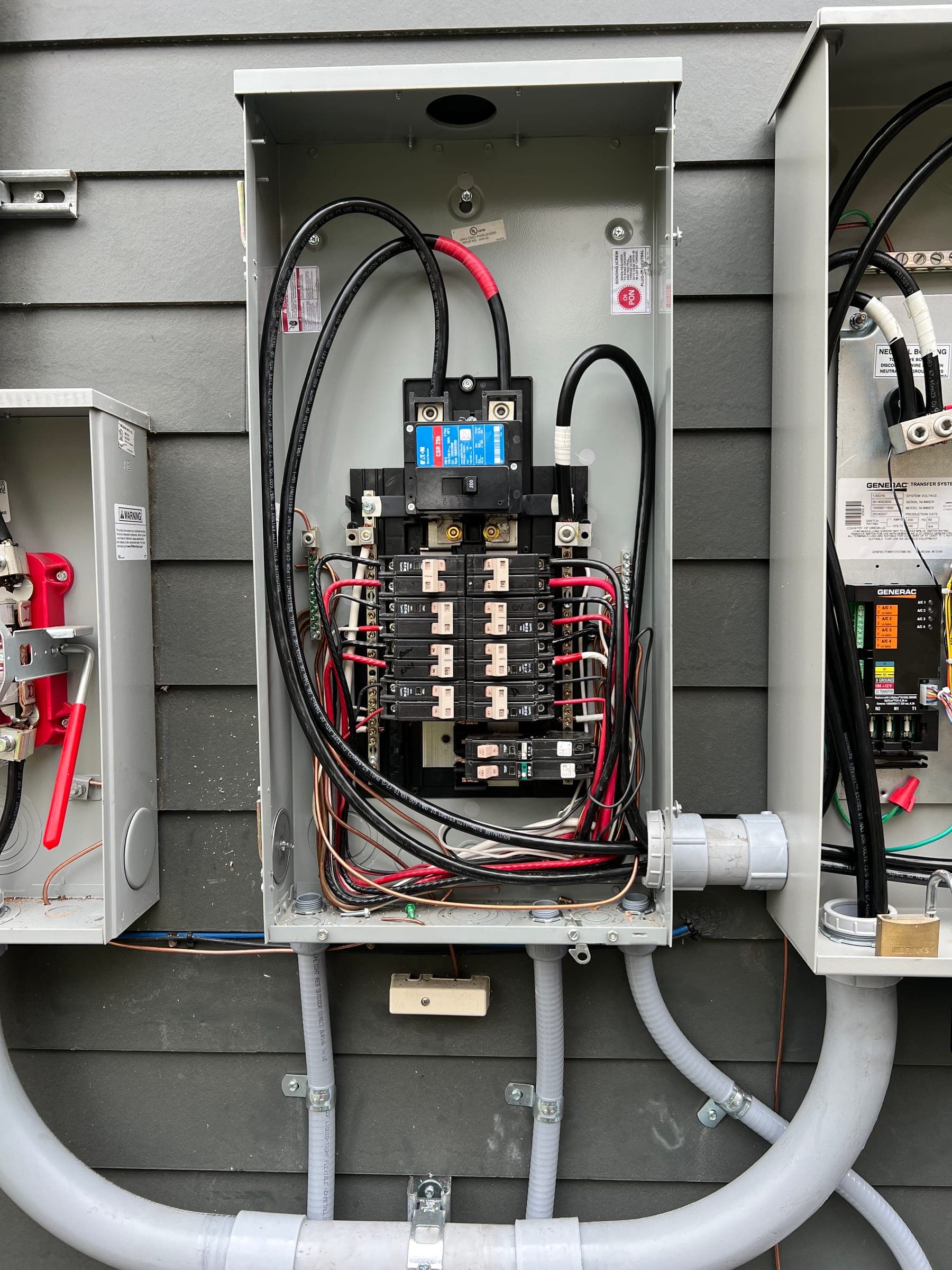 Newly wired exterior service panel with breakers labelled and conduit run clean